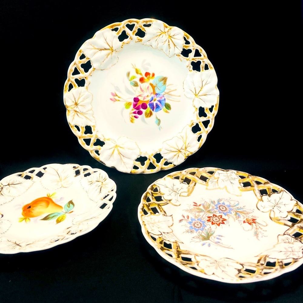 Vintage Reticulated Set of 3 Plates Hand Painted Gold Trim on Leaves